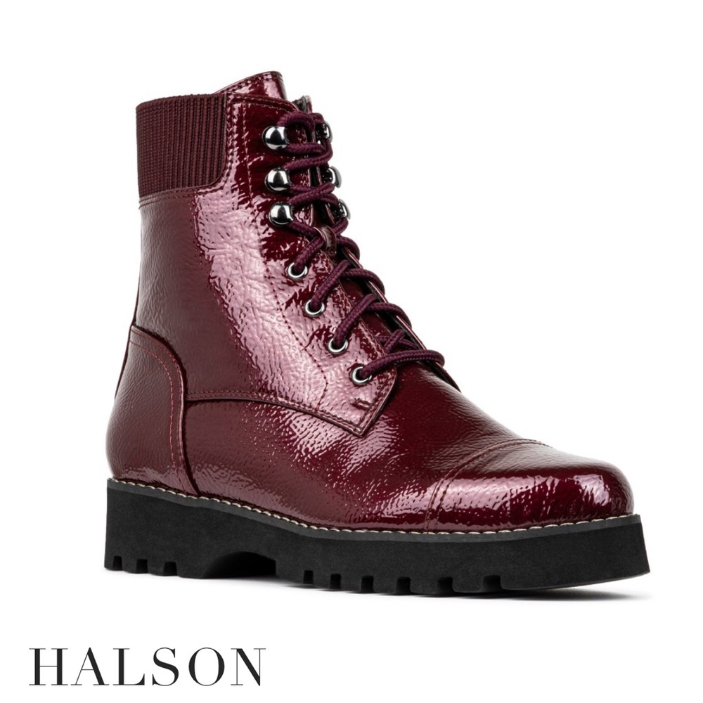 Halston Heritage Red Combat Moto Boots with Glossy Finish